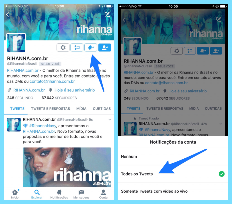 Como ativas as notificações no Twitter RihannaNoBrasil